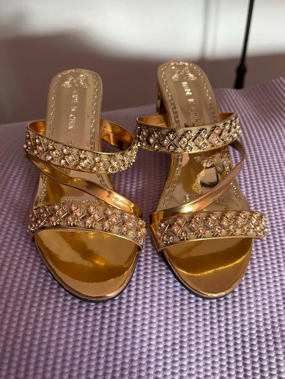 Gold Crystal Strappy Block Heels Perfect For Day & Night Looks Women’s Sandals
